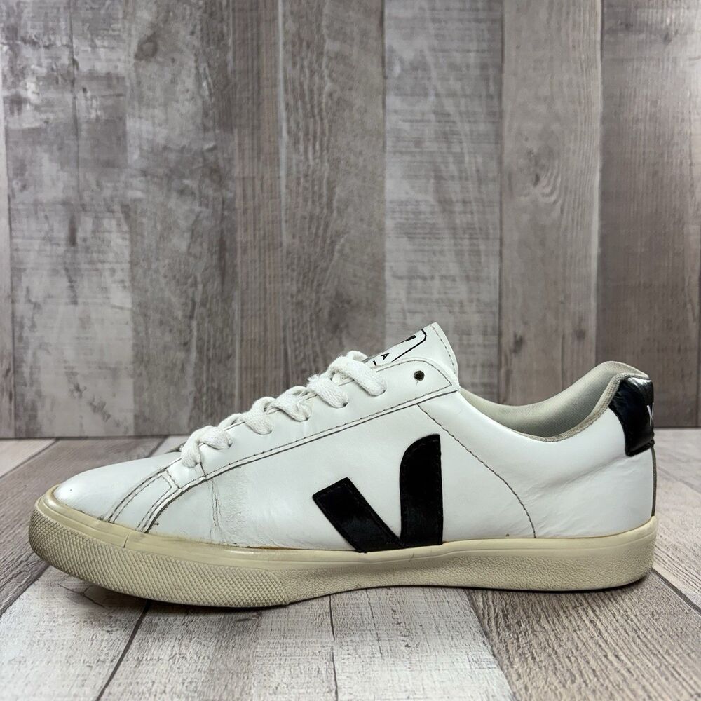 Veja White Leather Sneakers with Black V Logo - Picture 8 of 15